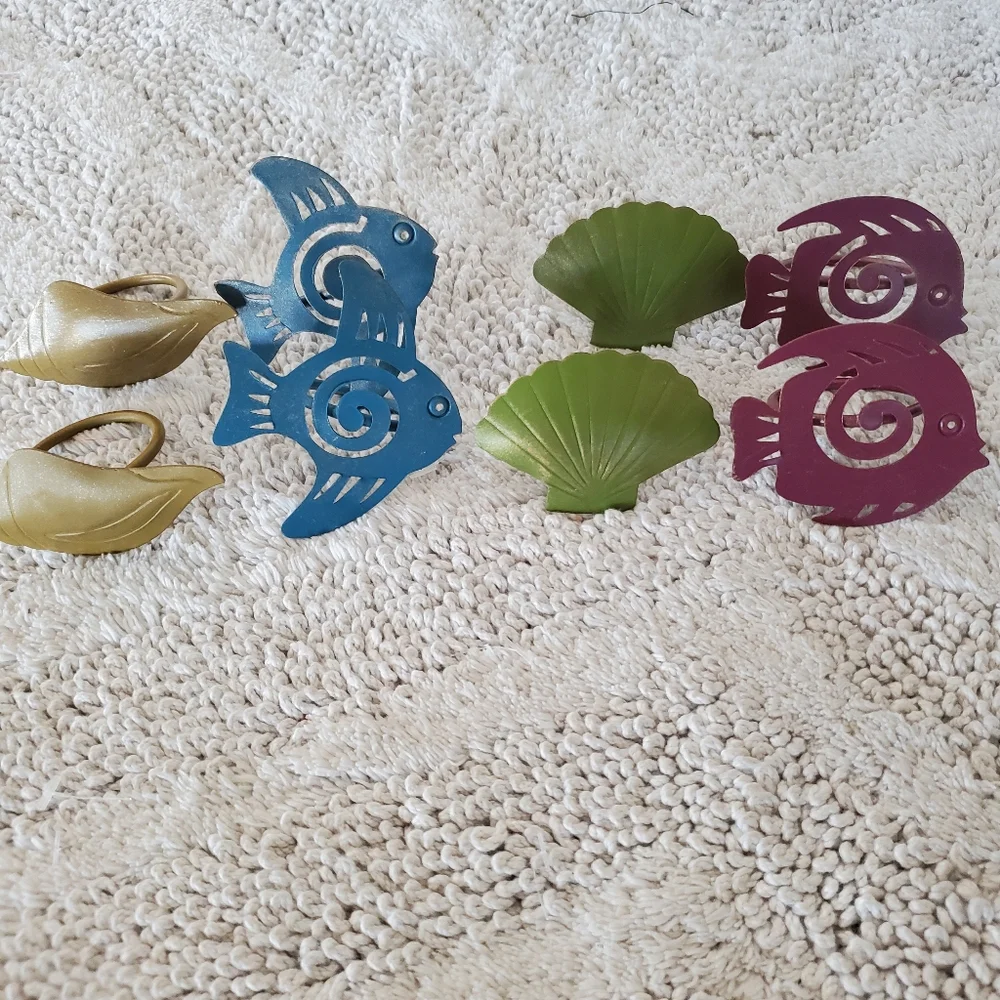 PIER 1 Seaside 8 ct Napkin Rings Hand Painted Metal Shells Fish Beach Coastal